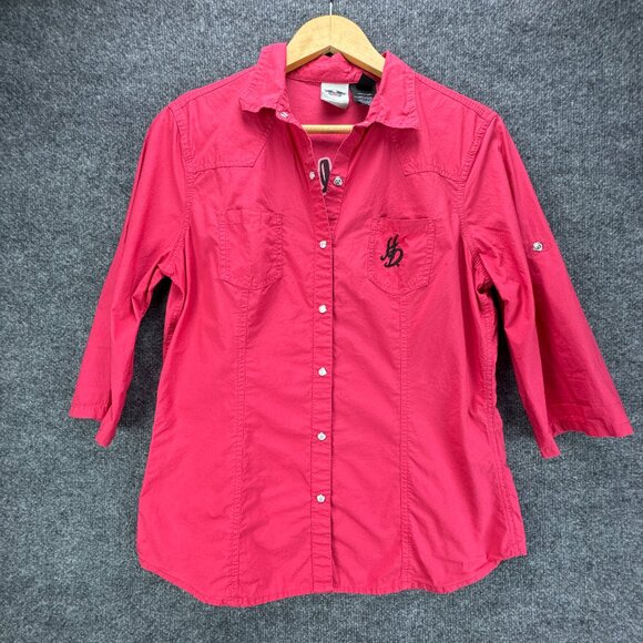 Harley Davidson Shirt Womens Large Pink Pearl Snap Embroidered Studded Bikercore - Picture 1 of 16